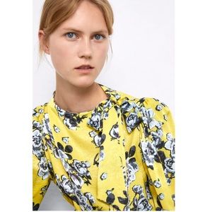 NWT Zara Puff Balloon Sleeve Yellow Floral Dress with tie neck
